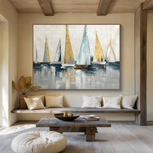 Load image into Gallery viewer, Gold - Accented Sailboat Abstract Art for Nautical Living Room & Elegant Yacht Club DKH169