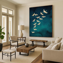 Load image into Gallery viewer, Teal & Gold Cranes Abstract Painting, Ideal for Elegant Dining Room & Cultural Art Gallery LargeART1919
