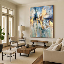 Load image into Gallery viewer, Large - Scale Blue - Gold Abstract Acrylic Art for Living Room & Hotel Lobby LargeART0414