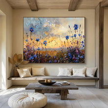 Load image into Gallery viewer, Blue Wildflower Meadow at Sunset Abstract Painting on Canvas - “Evening Blooms” DKH698
