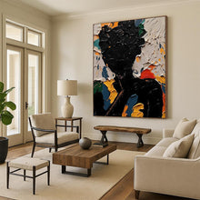 Load image into Gallery viewer, “Colorful Silhouette” ,Black figure surrounded by bold, textured swaths of blue, green, yellow, orange, and red. DTP308
