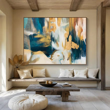 Load image into Gallery viewer, Hand - Painted Turquoise & Gold Abstract Acrylic Art for Sophisticated Dining Area LargeART1636