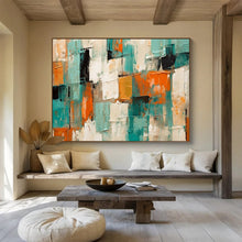 Load image into Gallery viewer, Hand - painted Teal, Orange, and White Textured Squares Acrylic Art for Artistic Studio Workspaces LargeART1721