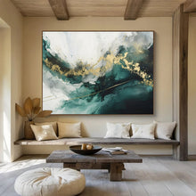 Load image into Gallery viewer, Emerald & Gold Flow Hand-Painted Abstract Acrylic Art for Bedroom Wall Art LargeART1616