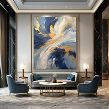 Load image into Gallery viewer, Blue & Gold Swirl Abstract Canvas Painting, Perfect for Coastal Bedroom & Luxury Spa Lounge LargeART1265
