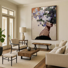 Load image into Gallery viewer, “Floral Veil” ,Soft beige background, with a figure whose face is obscured by loose, painterly purple, white, and green flowers. DTP309