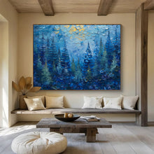 Load image into Gallery viewer, Blue Forest with Golden Highlights Abstract Painting on Canvas - “Mystic Pines” DKH672