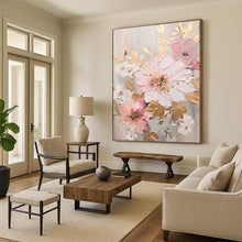 Load image into Gallery viewer, “Blush and Gold Floral Impasto” - Pink, Gold, and White Flower Art on Canvas DKH1390