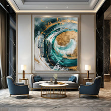 Load image into Gallery viewer, Teal, Gold & White Abstract Swirl Canvas Painting, Suited for Coastal - Inspired Living Room & Art - Filled Wellness Studio LargeART1250