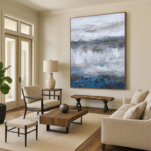 Load image into Gallery viewer, “Grey - Blue Horizons with Gold Accents” - Grey, Blue, Gold Abstract Art on Canvas DKH1226