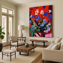 Load image into Gallery viewer, “Blue Blooms on Red” – Bold Floral Painting with Vibrant Color Contrast DTP101