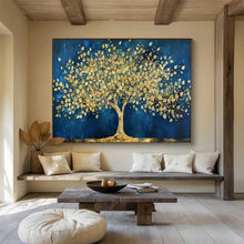 Load image into Gallery viewer, Blue & Gold Tree of Abundance Hand-Painted Abstract Acrylic Art for Dining Room Opulence LargeART1620