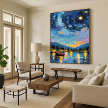 Load image into Gallery viewer, Colorful Starry Night Boat Abstract Painting, Ideal for Coastal Home Office & Dreamy Guest Bedroom LargeART1886