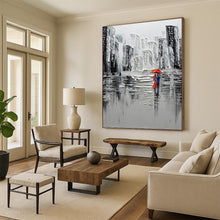Load image into Gallery viewer, “Black and White Cityscape with Red Umbrella” - Textured Urban Art on Canvas DKH1600