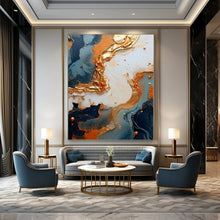 Load image into Gallery viewer, Blue and Gold Fluid Abstract Canvas Painting, Suited for Luxury Bedroom & Elegant Dining Room LargeART1216