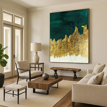 Load image into Gallery viewer, “Green and Gold Mountain Abstract” - Green, Gold, White Abstract Art on Canvas DKH1335