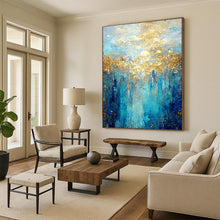 Load image into Gallery viewer, “Blue - Gold Forest” – Blue, Aqua & Gold Abstract Acrylic with Textured Trees DTP065