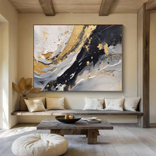 Load image into Gallery viewer, Hand - painted Black, White, and Gold Fluid Strokes Acrylic Art for Stylish Bathroom Decor LargeART1710