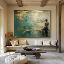 Load image into Gallery viewer, Woman by the Water in Teal and Gold Abstract acrylic painting DLZ087