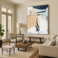 Load image into Gallery viewer, “Beige, Blue & Black Line Abstract” - Minimalist Abstract Art on Canvas DKH1523