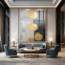 Load image into Gallery viewer, Gold Circles on Gray Abstract Canvas Painting, Great for Minimalist Office & Upscale Retail Space LargeART1241