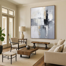 Load image into Gallery viewer, “Gray and Gold Geometric Abstract” – Clean Abstract with Angular Shapes and Metallic Tones DTP138