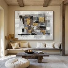 Load image into Gallery viewer, Gray - Gold Abstract Painting On Canvas with Geometric Textures DKH353