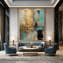 Load image into Gallery viewer, Teal, Gold & Gray Abstract Canvas Painting, Great for Contemporary Living Room & Chic Hotel Suite LargeART1281
