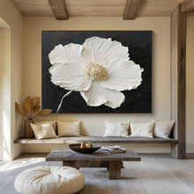 Load image into Gallery viewer, Textured White Flower on Black Abstract acrylic painting DLZ091
