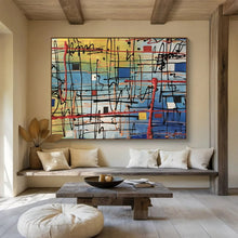 Load image into Gallery viewer, Abstract Grid “Colorful Web” Painting on Canvas, Modern Line Art DKH842