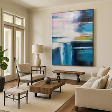 Load image into Gallery viewer, “Colorful Sky Over Blue Waters” - Pink, Blue, Yellow, White Abstract Art on Canvas DKH1232