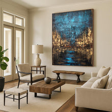 Load image into Gallery viewer, Blue & Brown Textured Cityscape Abstract Art, Perfect for Industrial Living Room & Urban Office LargeART2074