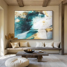 Load image into Gallery viewer, Hand - Painted Turquoise & Gold Abstract Acrylic Art for Luxury Living Room Wall LargeART1635