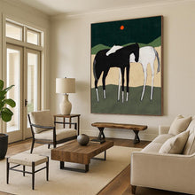 Load image into Gallery viewer, “Horse Duo in Nature” - Black, White, and Green Landscape Art on Canvas DKH1412