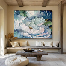 Load image into Gallery viewer, Blue and White Peony Textured Abstract Painting on Canvas - “Elegant Blooms” DKH675