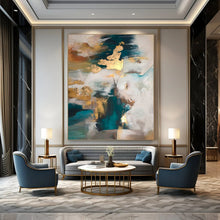Load image into Gallery viewer, Teal, Gold & White Abstract Acrylic Art with Gold Accents, Suited for Glamorous Bedroom & Upscale Spa LargeART1002
