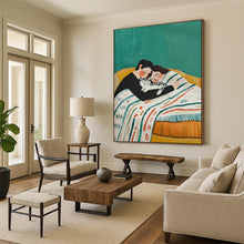 Load image into Gallery viewer, Green - Yellow Abstract Family Scene Painting, Ideal for Cozy Living Room & Warm Bedroom LargeART2043