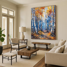 Load image into Gallery viewer, “Autumn Birch Forest” - Golden, Blue, and White Landscape Art on Canvas DKH1406