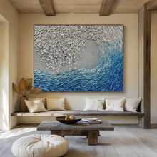 Load image into Gallery viewer, Hand - painted Wave - like Silver and Blue Acrylic Art for Coastal - Themed Hotel Lobby Decor LargeART1654