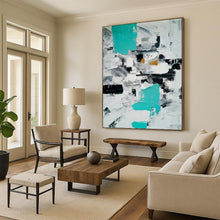Load image into Gallery viewer, “Abstract Minimalist Color Blocks” - Teal, Grey, White Geometric Art on Canvas DKH1347