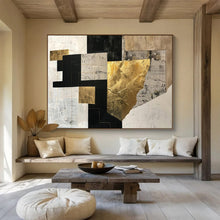 Load image into Gallery viewer, Hand - painted Black, White, and Gold Geometric Collage Acrylic Art for Sophisticated Study Spaces LargeART1709