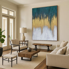 Load image into Gallery viewer, “Teal - Gold Dripping Horizons” - Teal, Gold, White Abstract Art on Canvas DKH1235