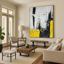 Load image into Gallery viewer, Large - Format Black, White, and Yellow Abstract Acrylic for Minimalist Bedroom & Contemporary Art Space LargeART0318