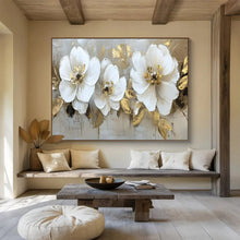 Load image into Gallery viewer, Hand - painted White Flowers with Gold Leaves Acrylic Art for Elegant Dining Rooms LargeART1705