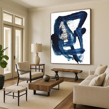 Load image into Gallery viewer, “Indigo Whirl” - Deep blue, dynamic brushstrokes with black splatters DTP161