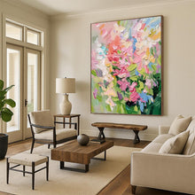 Load image into Gallery viewer, “Vibrant Floral Impasto” - Pink, Blue, and Green Flower Art on Canvas DKH1403