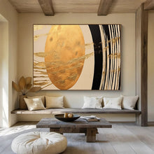Load image into Gallery viewer, Hand - painted Gold Oval with Black and White Lines Acrylic Art for Art - Inspired Home Libraries LargeART1712