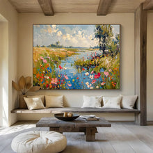 Load image into Gallery viewer, Riverbank “Serene Blossoms” Painting on Canvas, Idyllic Landscape Decor DKH833