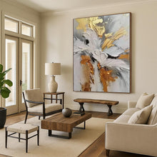 Load image into Gallery viewer, “Gilded Floral Impasto” - Gold, Grey, and White Flower Art on Canvas DKH1386