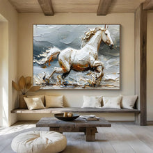Load image into Gallery viewer, Textured White Horse “Galloping Grace” Painting on Canvas, Dynamic Equestrian Art DKH812